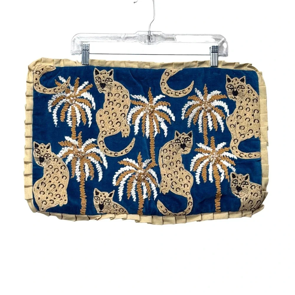 Leopard Palm Tree Pillow Covers Pair Blue Velvet Embroidered Maximalist 12x20